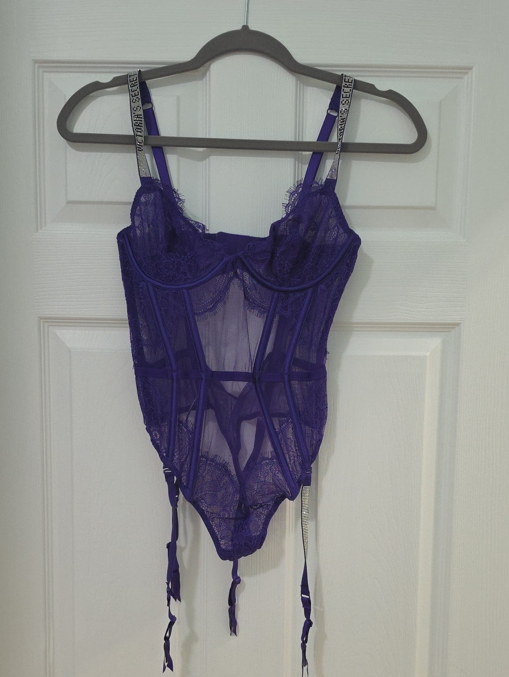 Victoria's Secret Deep Purple Lace Bustier Bodysuit with Branded Straps
